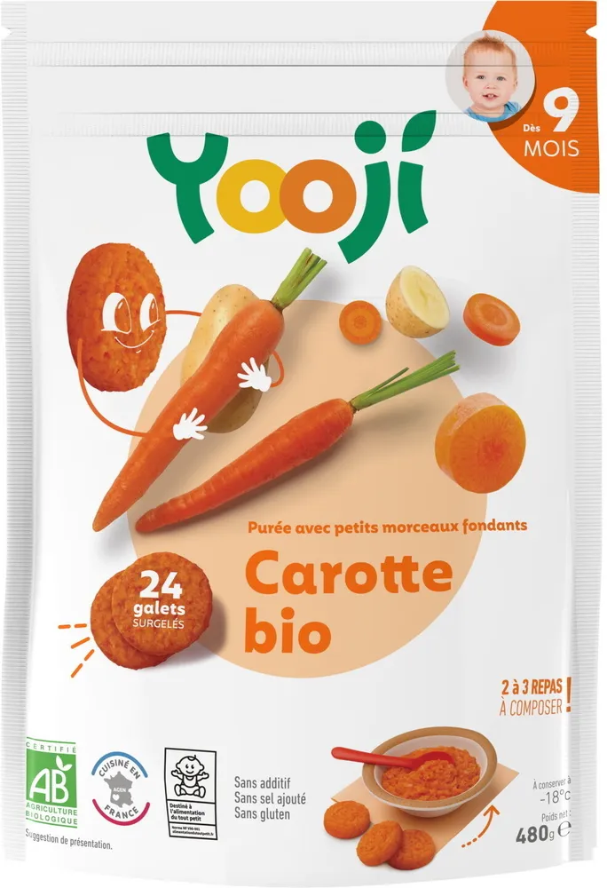 Purée surgelée de carotte bio avec petits morceaux fondants pour bébé dès 9 mois