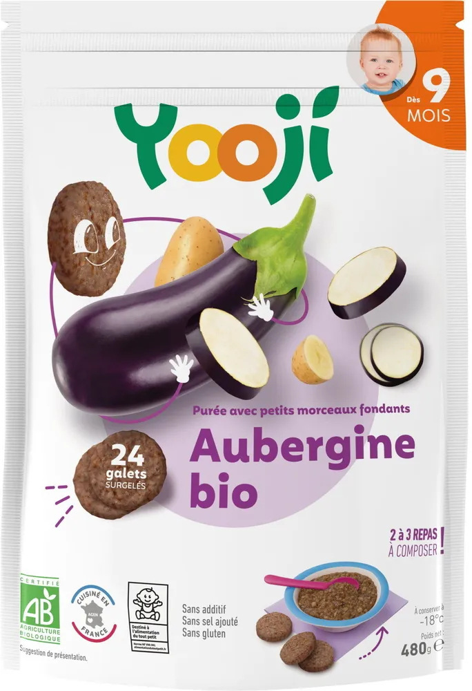 Purée surgelée d'aubergine bio avec petits morceaux fondants pour bébé dès 9 mois