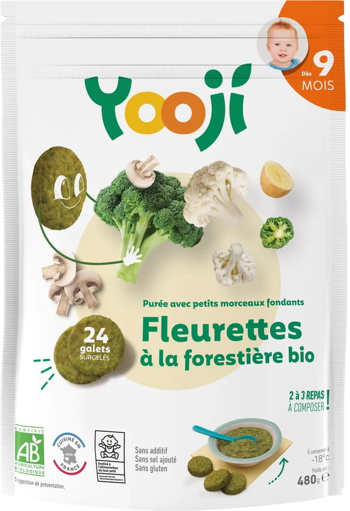 Purée surgelée de fleurettes à la forestière bio avec petits morceaux fondants pour bébé dès 9 mois