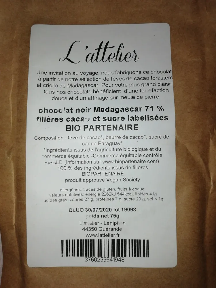Chocolat noir Madagascar 71%