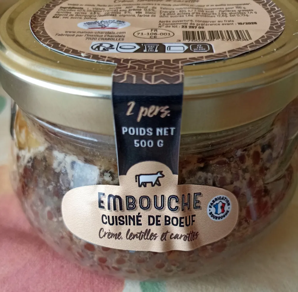 Cuisiné de bœuf crème lentilles et carottes