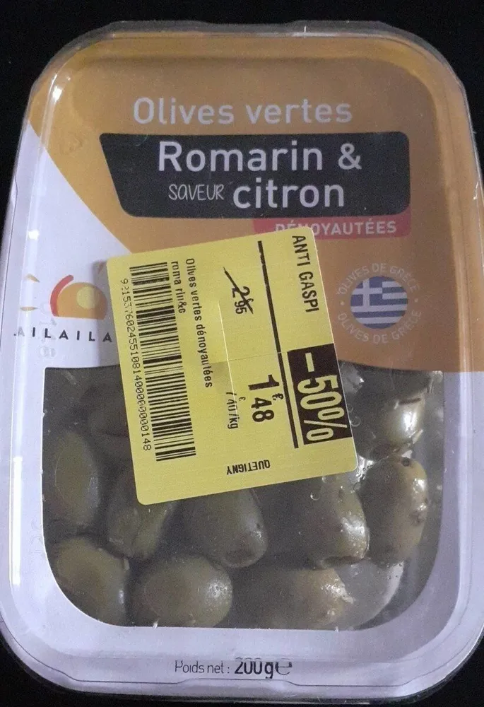 Olives vertes dénoyautées romarin et saveur citron