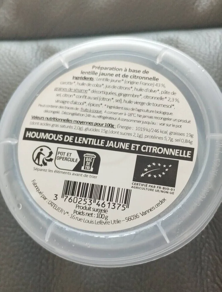 Houmous de lentille jaune et citronnelle