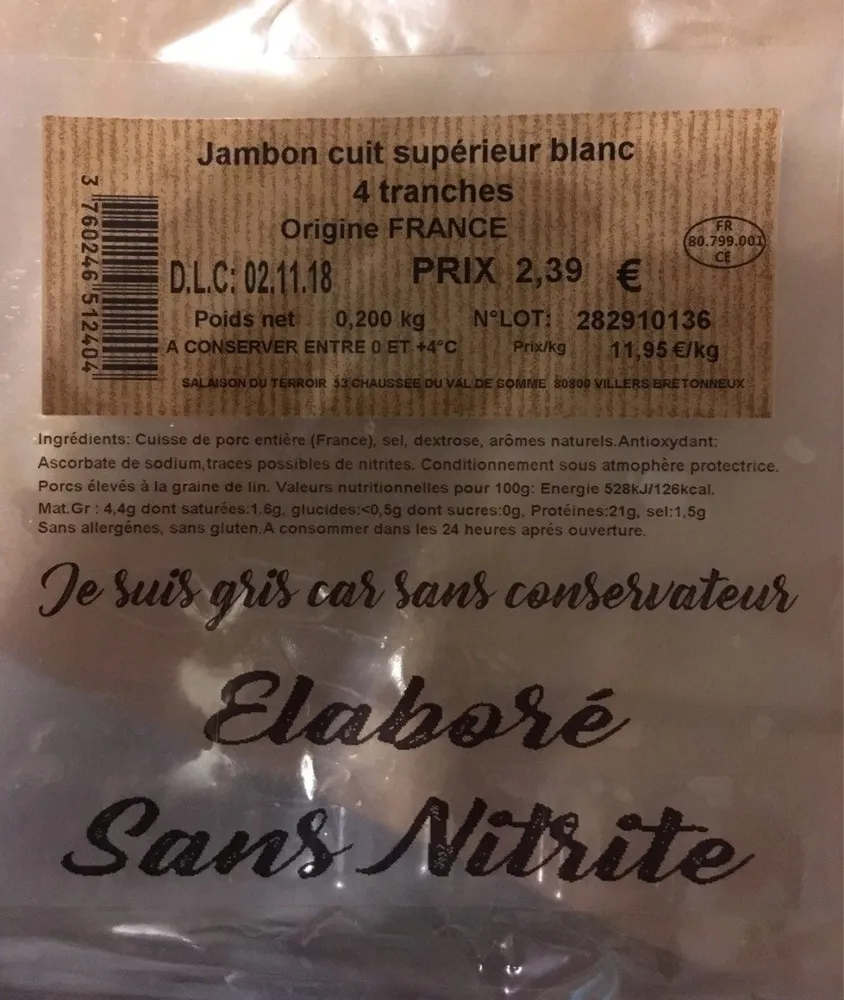 Jambon cuit superieur blanc