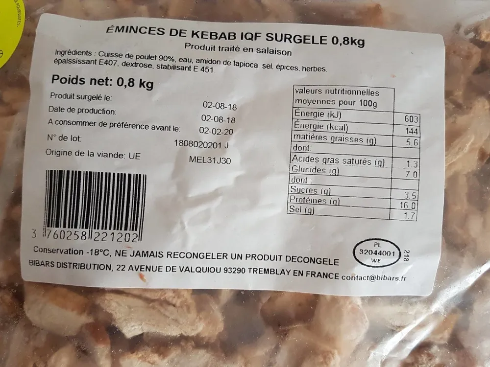 Émincés de kebab IQF Surgelé