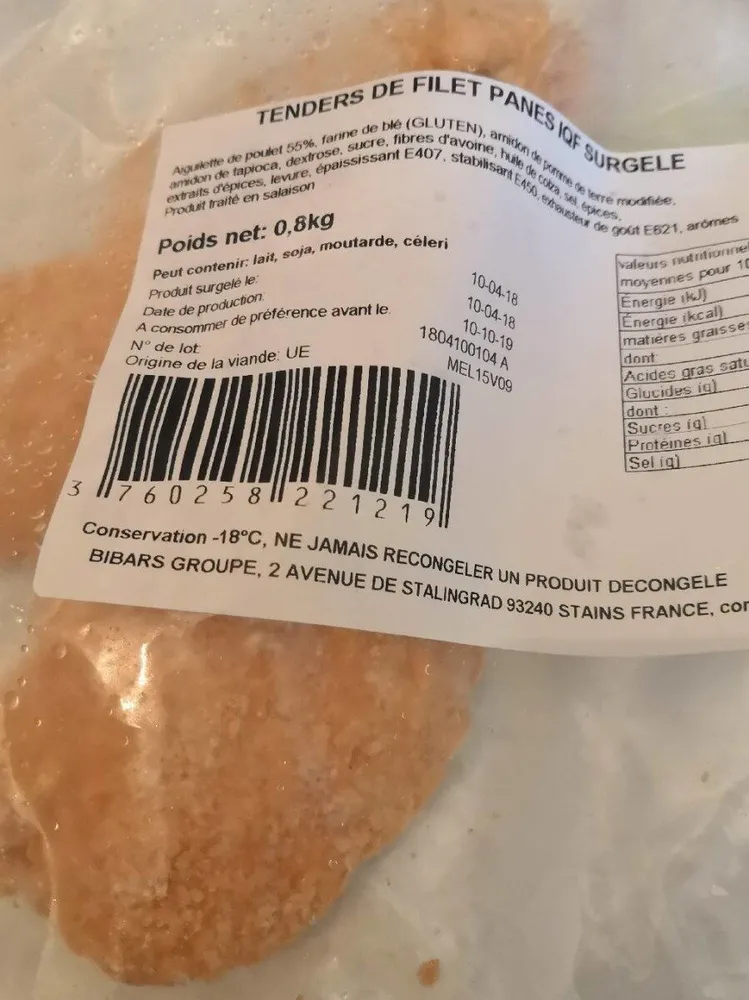 Tenders de filet panes iqf surgelés