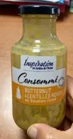 Consomme butternut et lentilles roses au saumon fume