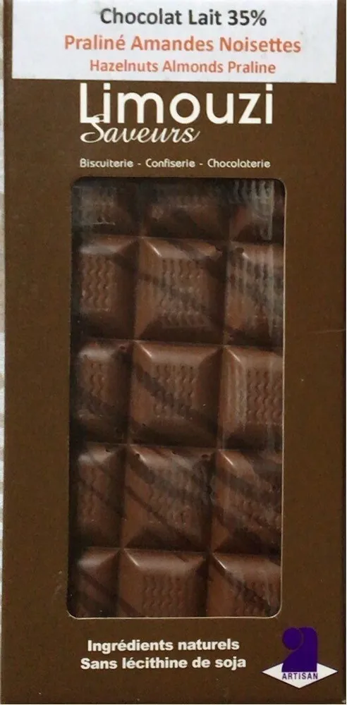 Chocolat lait 35 % praliné amandes noisettes