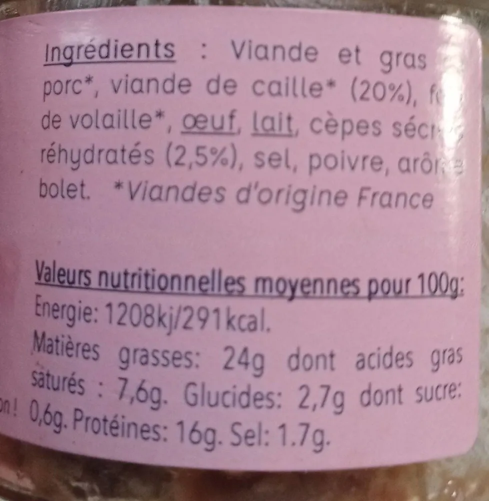 Terrine cailles aux cèpes