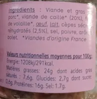 Terrine cailles aux cèpes
