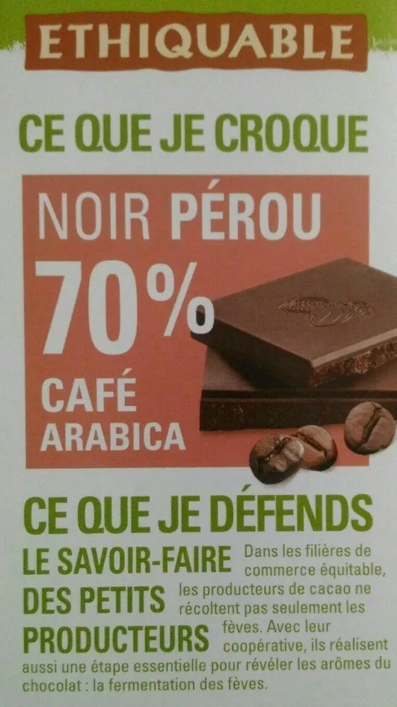 Chocolat bio noir Pérou 70% café Arabica