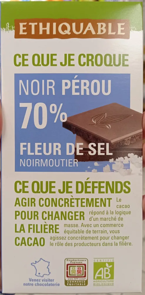 chocolat bio noir Pérou 70% fleur de sel de Camargue