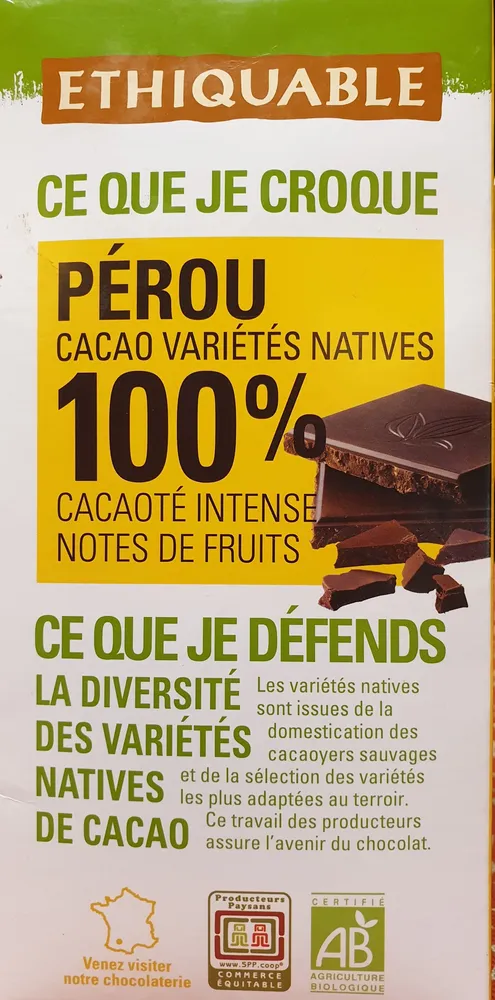 Tablette de chocolat 100% cacao variétés native Pérou