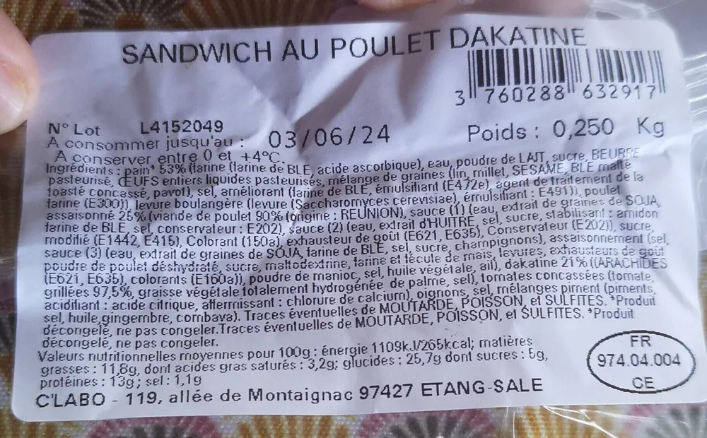 Sandwich poulet dakatine