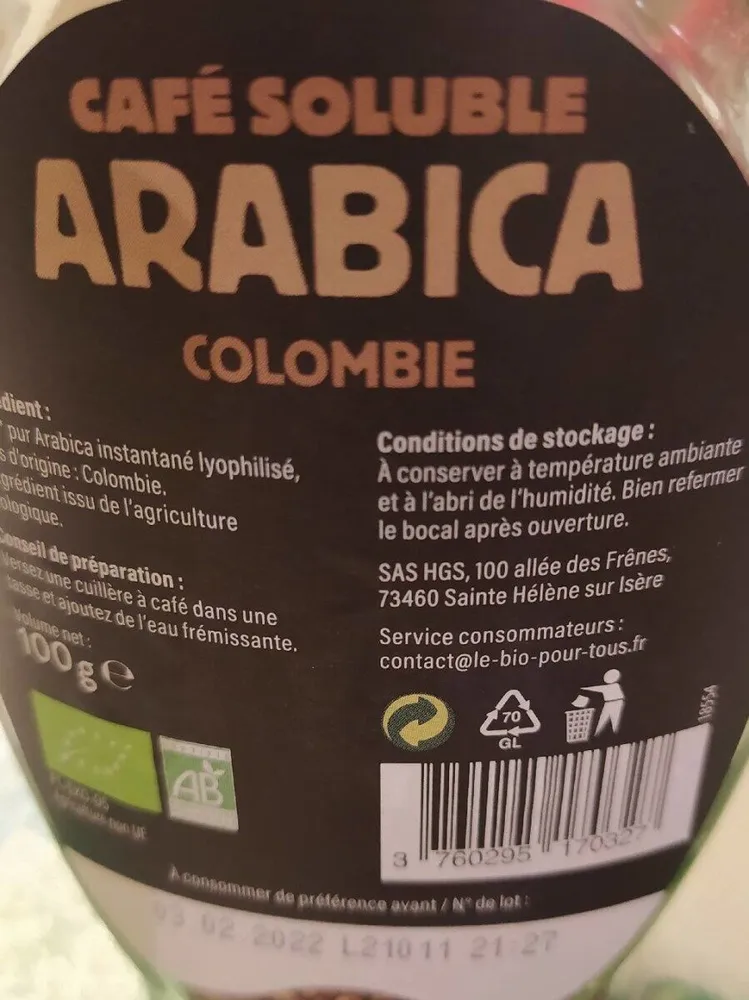 Café soluble arabica Colombie