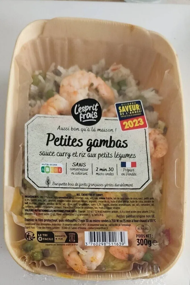Petite Gambas sauce curry et riz aux petits légumes