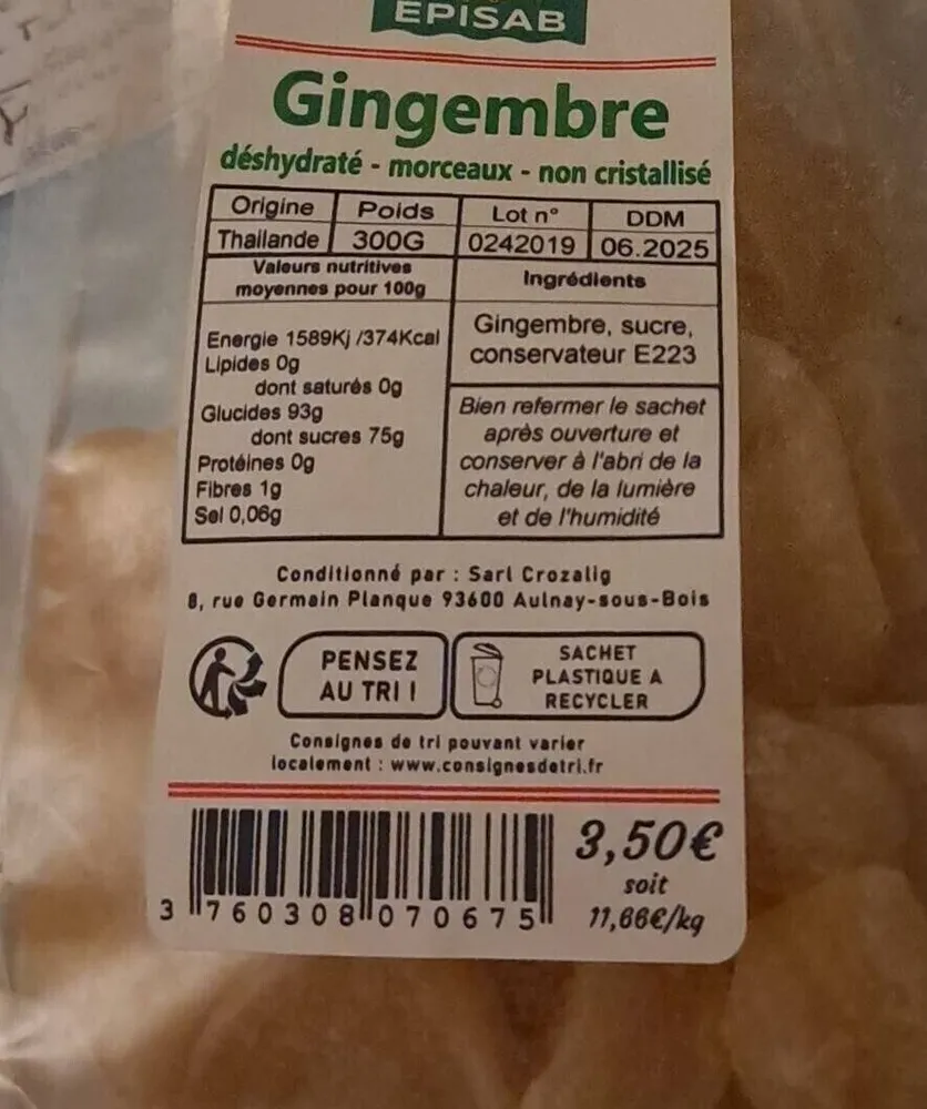 Gingembre déshydraté en morceaux non cristalises