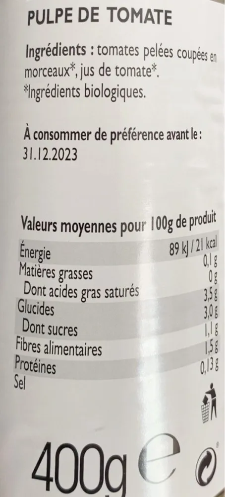 Bio natural pulpe tomate