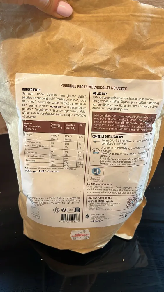 Porridge protéiné chocolat noisette