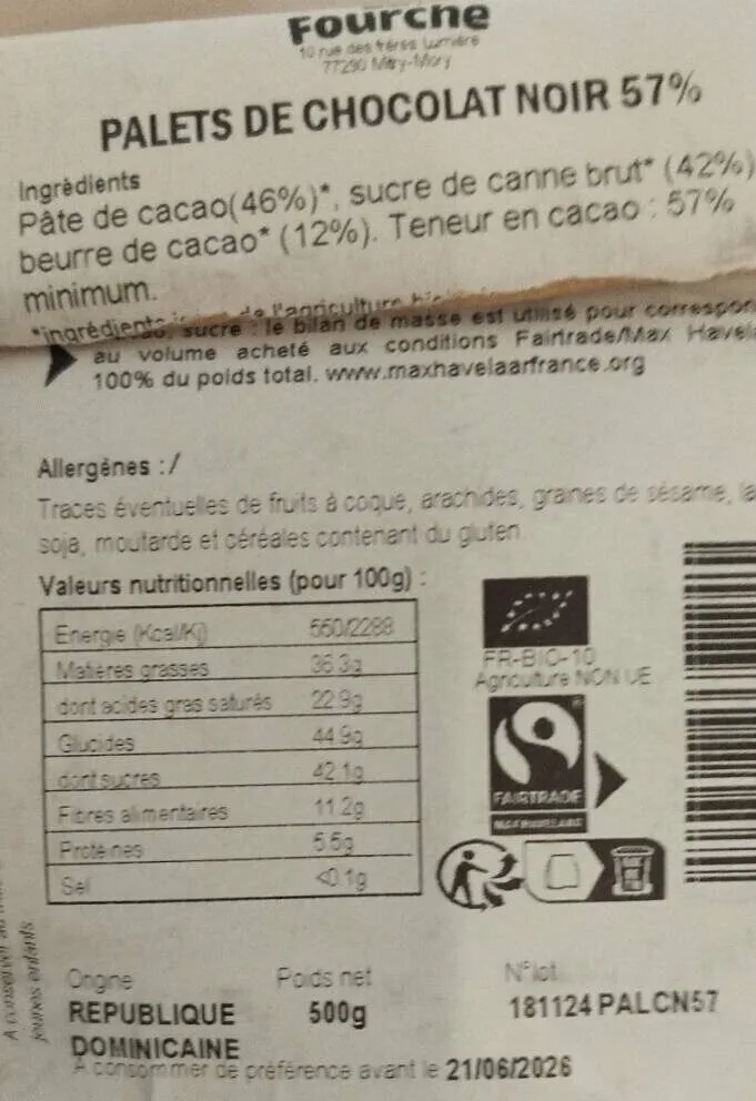 PALETS DE CHOCOLAT NOIR 57%