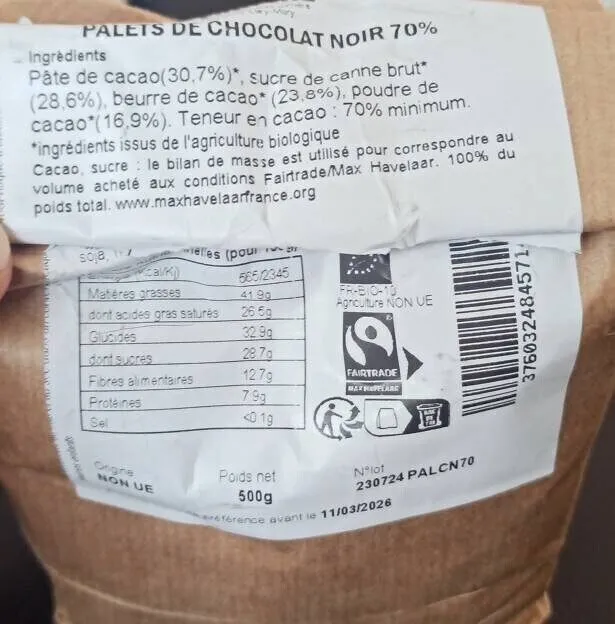 Palets de chocolat 70%
