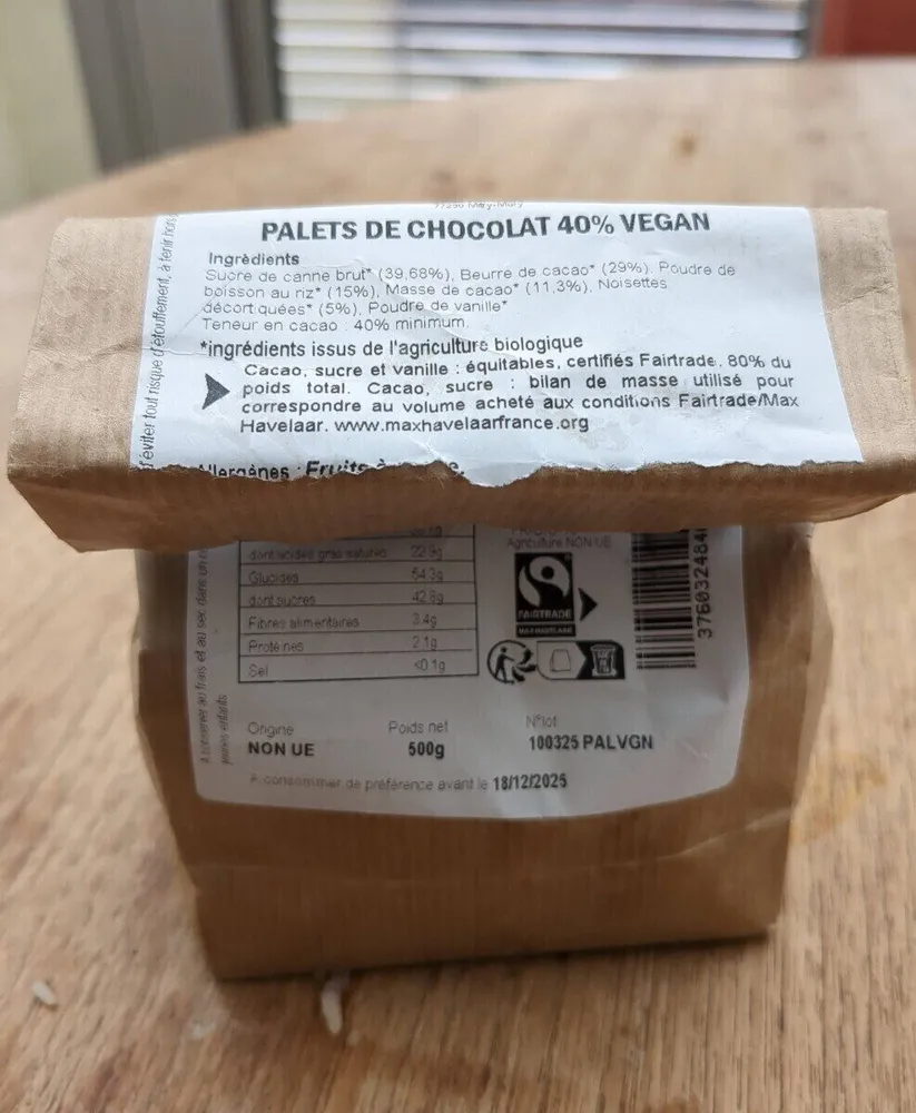 Palets de chocolat vegan