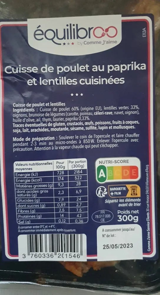 Cuisse de poulet au paprika et lentilles cuisinées