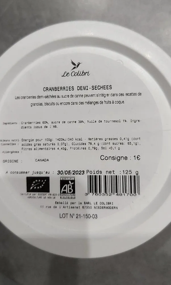 Cranberries Demi-Sechées