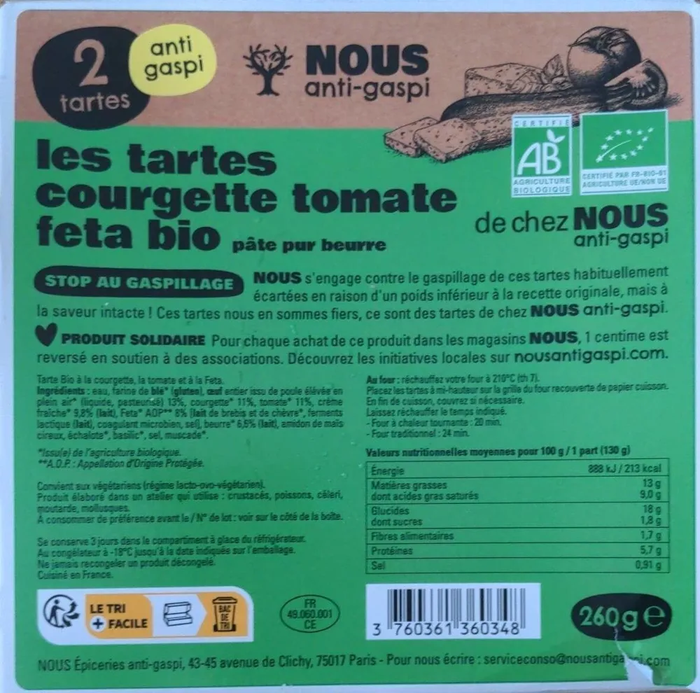 Tartes courgette tomate feta bio