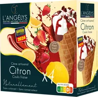 Cône Artisanal Sorbet Plein Fruit Citron jaune coulis Fraise copeaux de chocolat