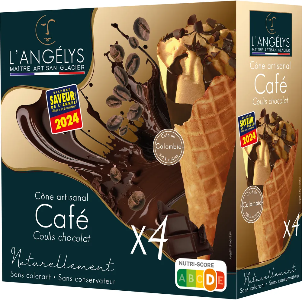 Cône Artisanal Crème Glacée Café coulis Chocolat copeaux chocolat