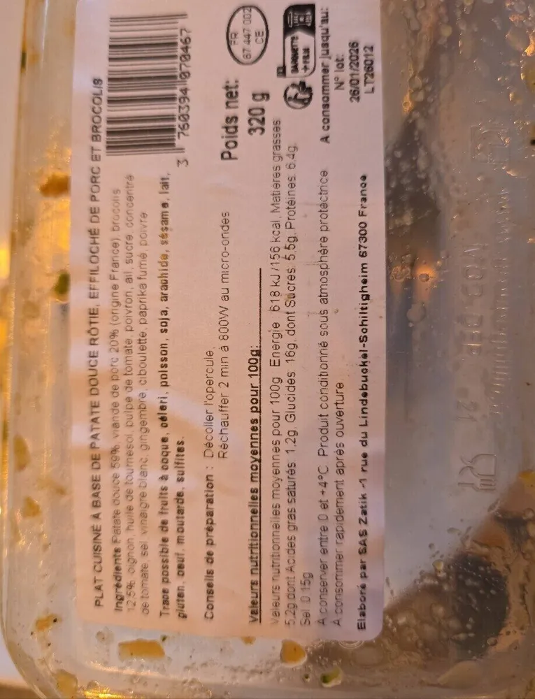 Plat cuisiné patate douce, pulled pork et brocolis