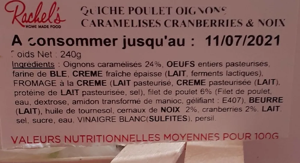 Quiche poulet oignons caramélisés cranberry et noix