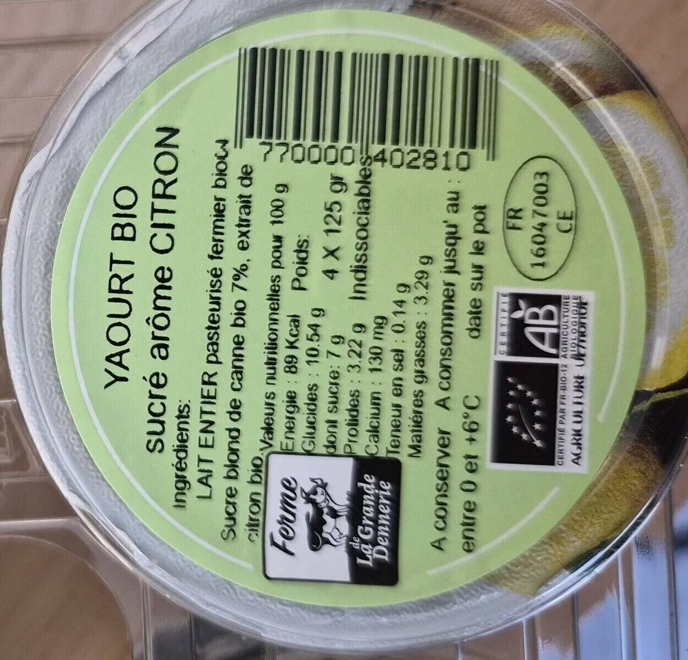 Yaourt Bio sucré arôme citron