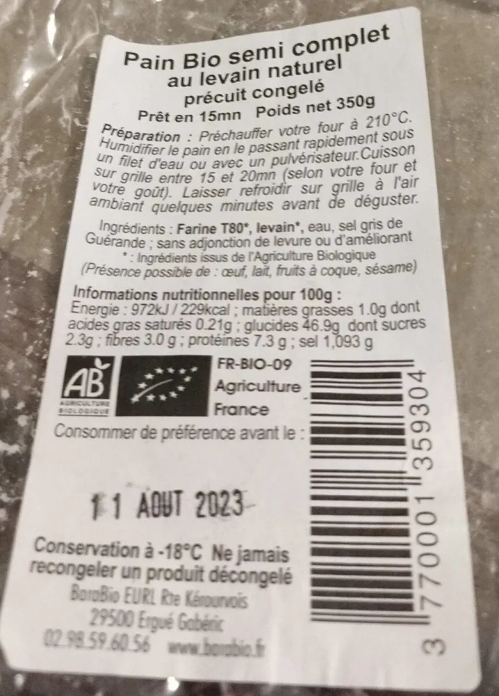 Pain bio semi complet au levain naturel précuit congelé