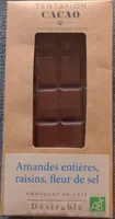 Chocolat au lait amandes entières, raisins, fleur de sel