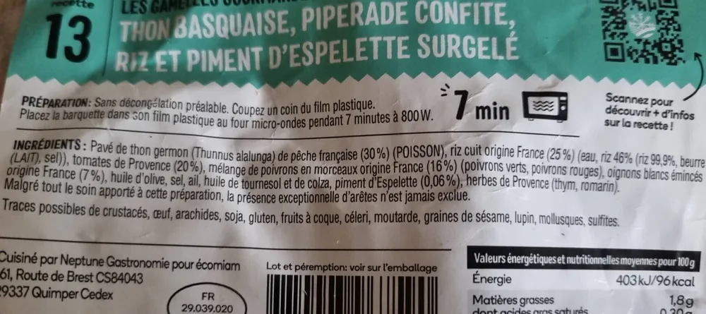 Thon basquaise, piperade confite, riz surgelé