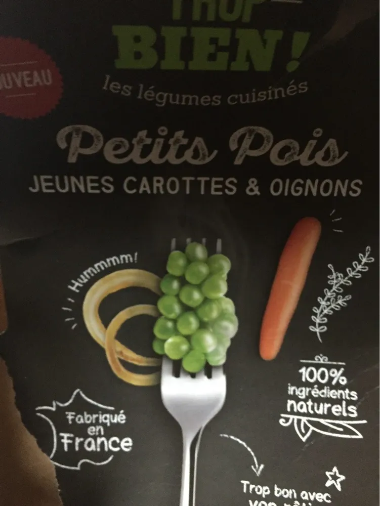 Petits pois, jeunes carottes et oignons
