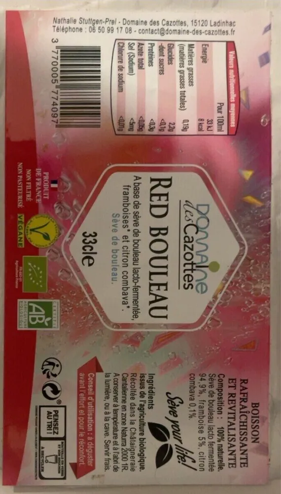 Sève de Bouleau lacto fermentée framboises citron