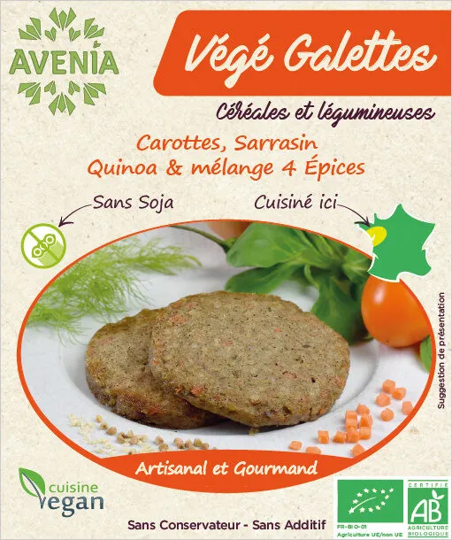 Galette végétale sarrasin, quinoa, carottes, mélange de 4 épices