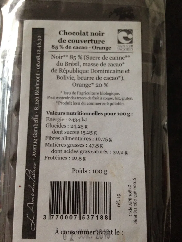 Chocolat Noir de Couverture 85% de Cacao - Orange