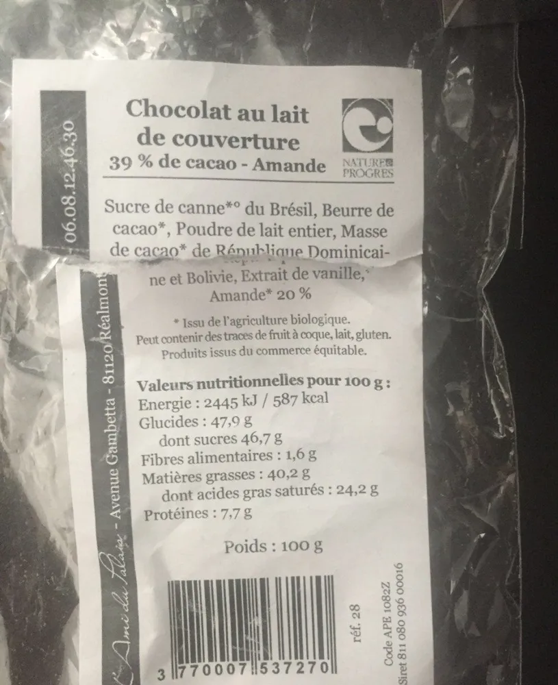 Chocolat au lait de couverture 39% Amandes