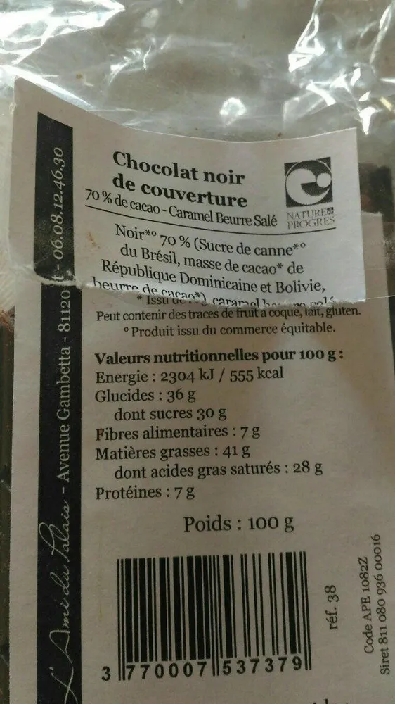 Chocolat noir de couverture 70% Caramel beurre salé