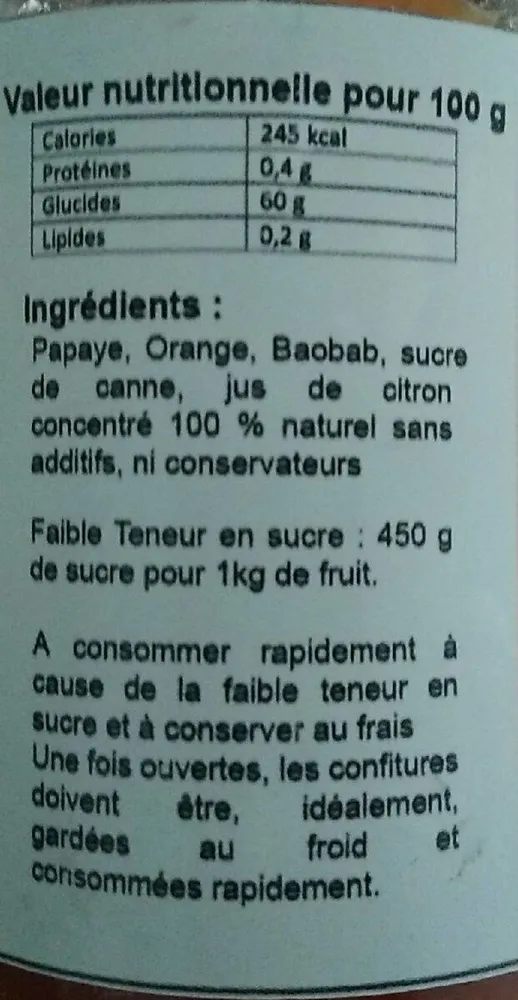 Confiture papaye orange baobab