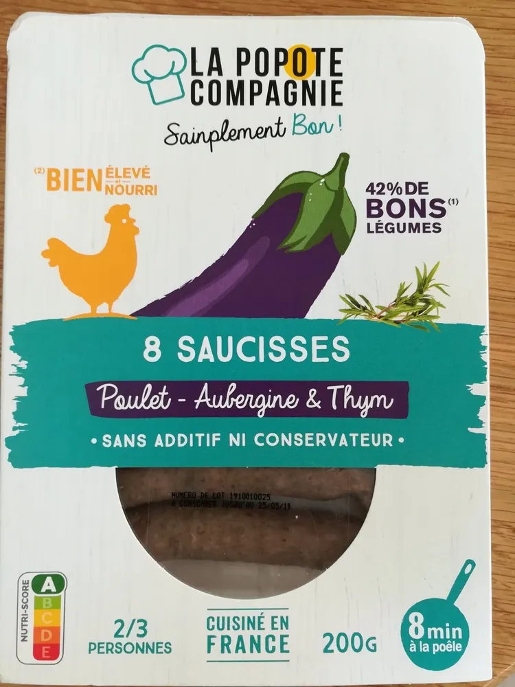 Saucisses cuites de poulet, aubergines bio et thym