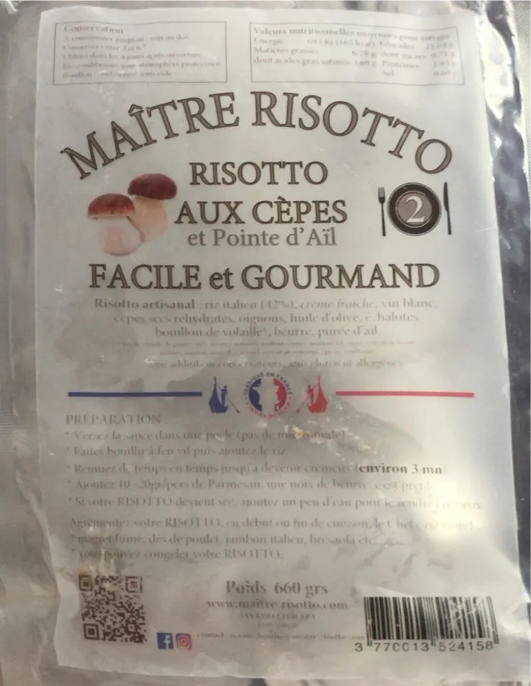 Risotto cèpes pointe d’ail 2 pers