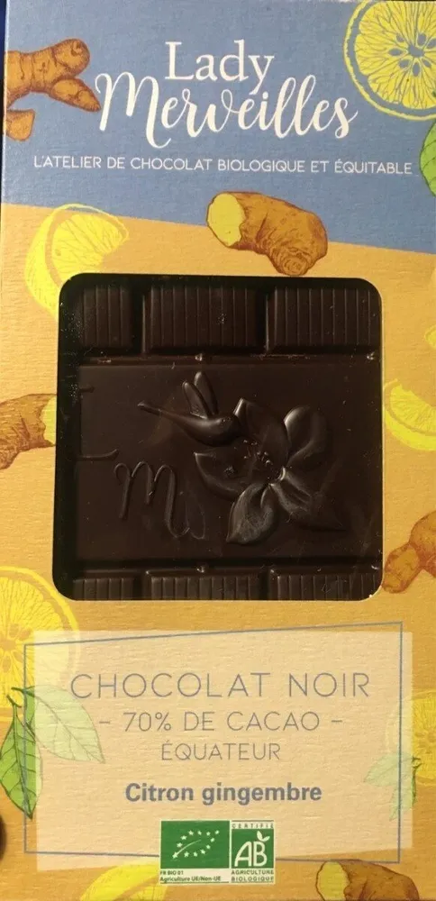 Chocolat noir 70% de cacao citron gingembre