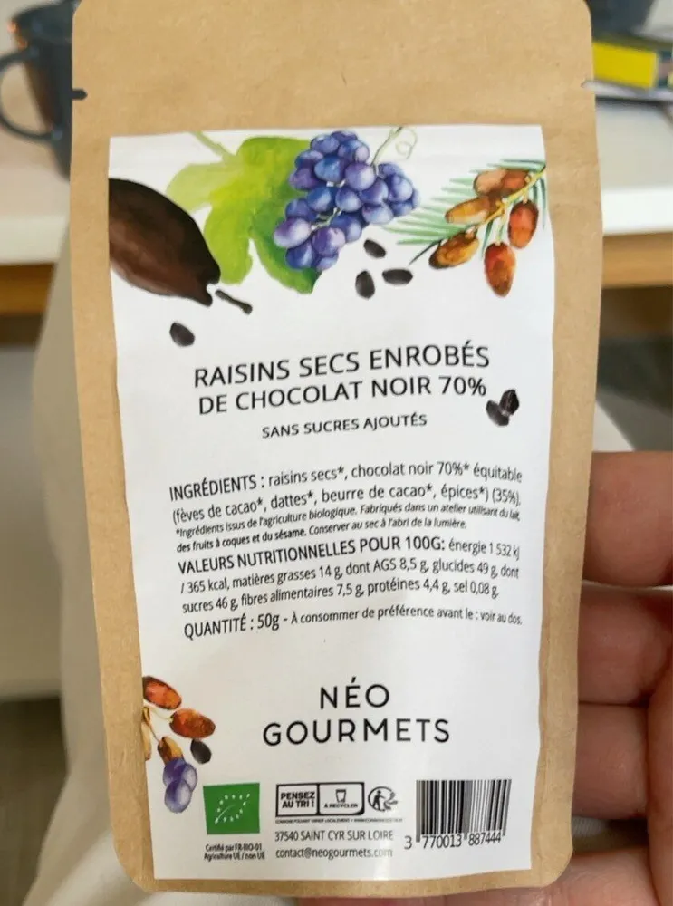 raisins secs enrobés de chocolat noir 70%