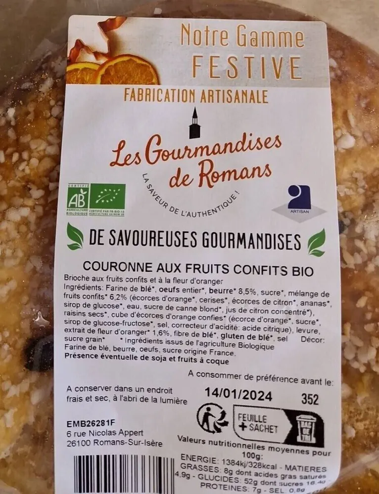 Couronne aux fruits confits bio