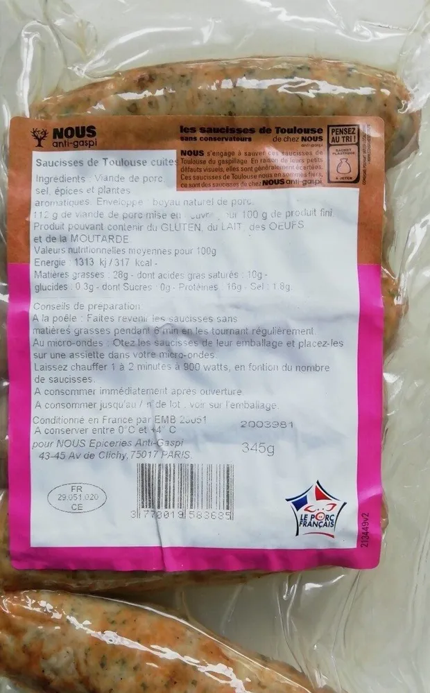 Saucisse de Toulouse cuite